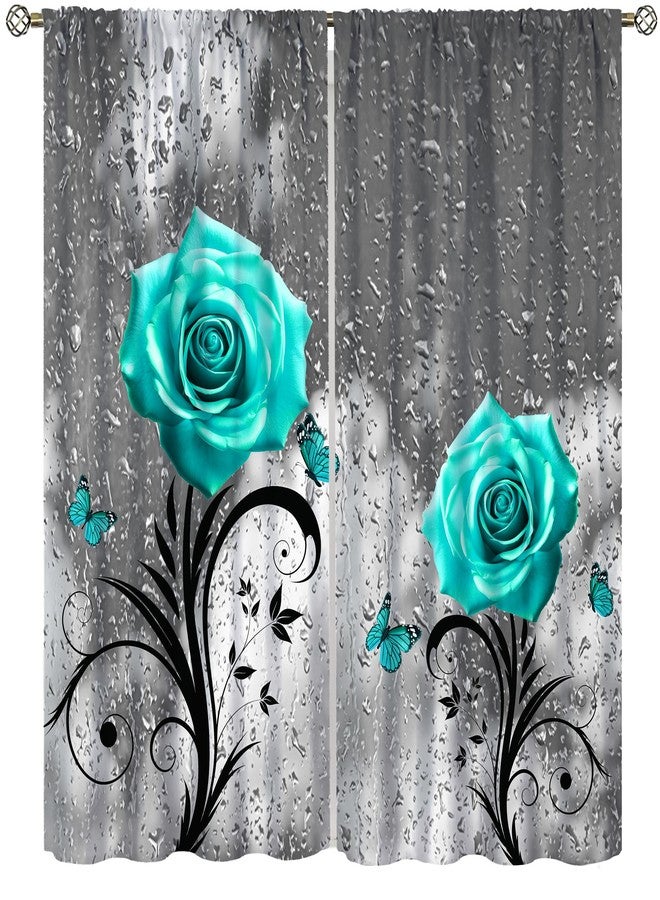 AAVEUP Teal Rose Curtains, Gray Raindrops Misty Glass Landscape Art Plant Flower Butterfly Windows Treatments, Thermal Insulated Drapes For Girls Women Bedroom Living Room Bathroom 42x45in（No Blackout） - Image 1
